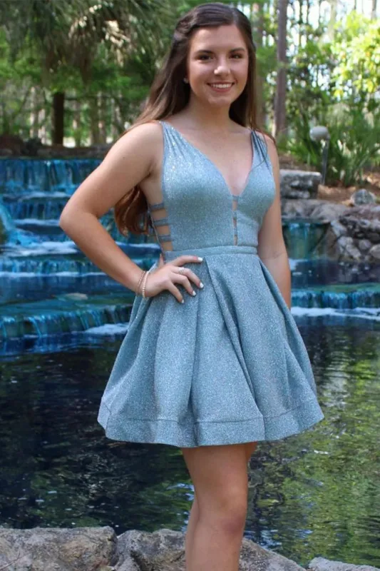 Glitter A-Line Blue V-Neck Short Homecoming Dress made by KissProm