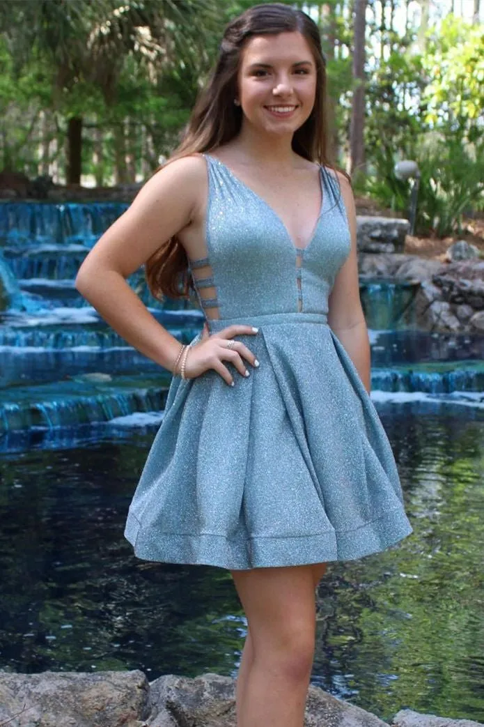 Glitter A-Line Blue V-Neck Short Homecoming Dress sold by KissProm