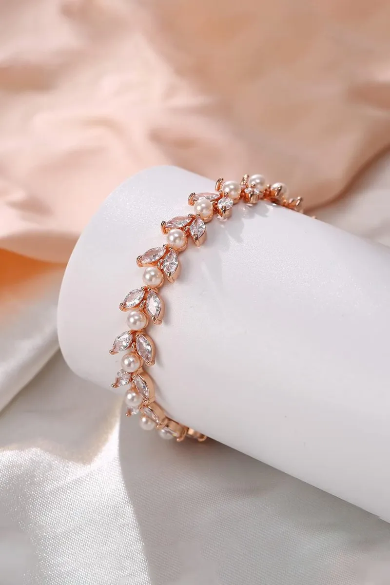 Gold Zirconia Pearl Bracelets with Leaf Filigree sold by KissProm product image thumbnail 2