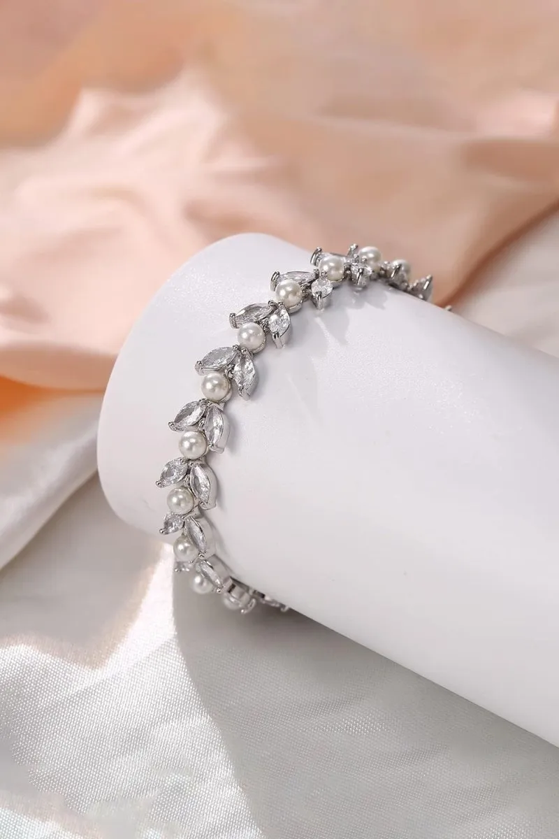 Gold Zirconia Pearl Bracelets with Leaf Filigree sold by KissProm product image thumbnail 5