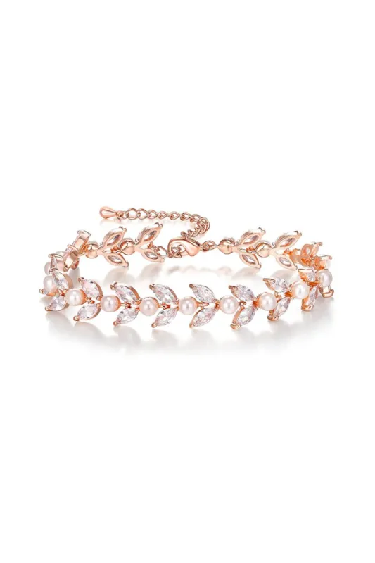 Gold Zirconia Pearl Bracelets with Leaf Filigree made by KissProm