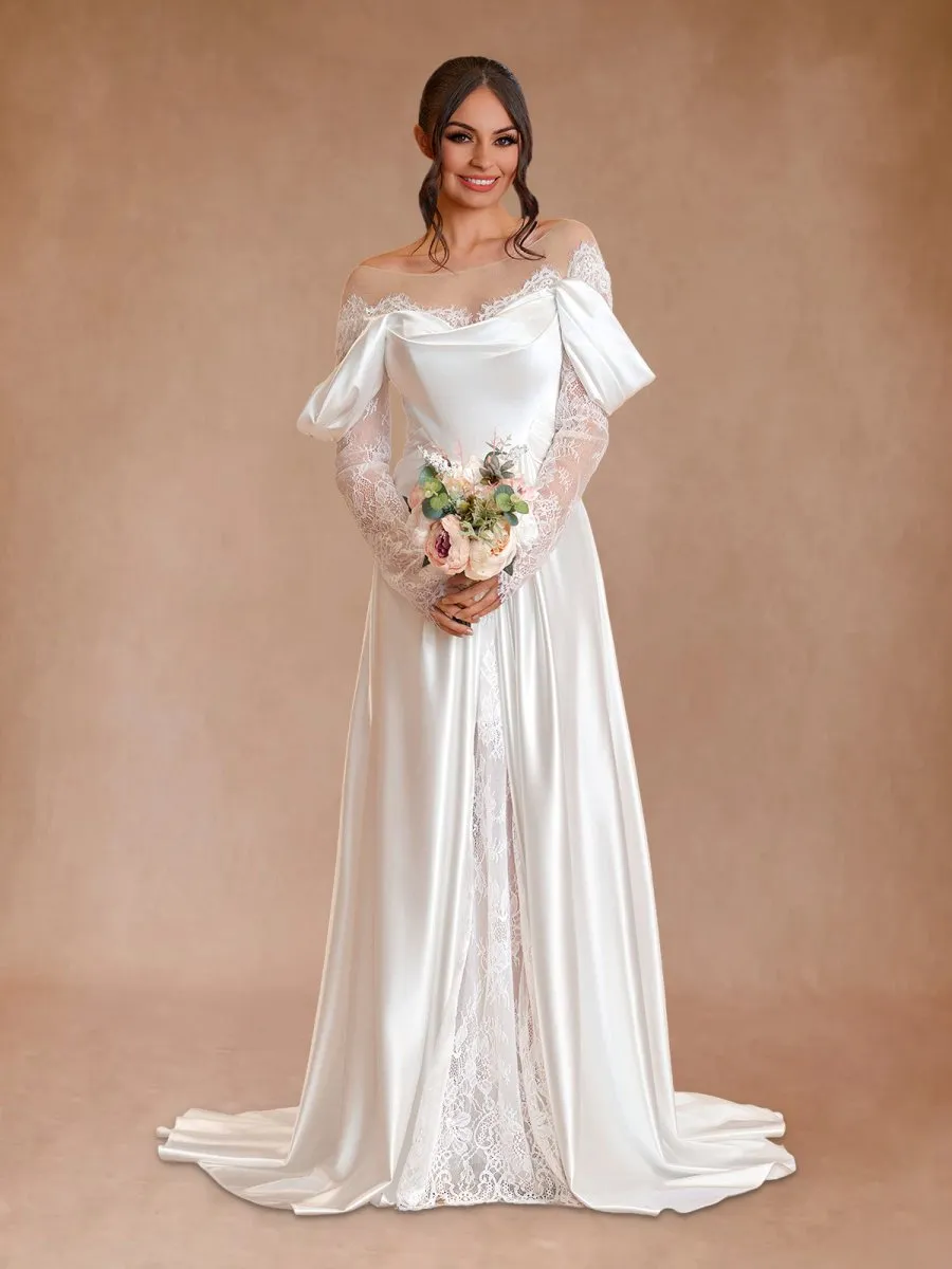 Mermaid Off-the-Shoulder Satin Lace Wedding Dress with Slit sold by KissProm