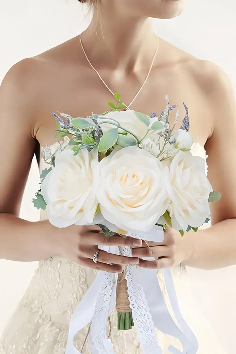 Artificial White Silk Rose Peony Cascade Wedding Bouquet Flowers sold by KissProm product image thumbnail 3
