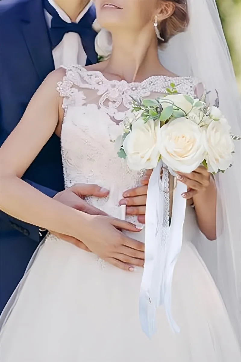 Artificial White Silk Rose Peony Cascade Wedding Bouquet Flowers sold by KissProm product image thumbnail 4