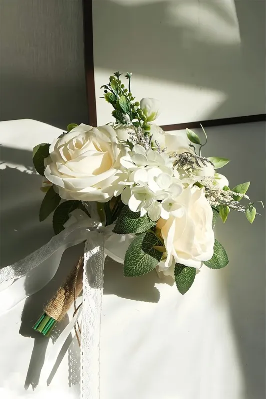 Artificial White Silk Rose Peony Cascade Wedding Bouquet Flowers made by KissProm