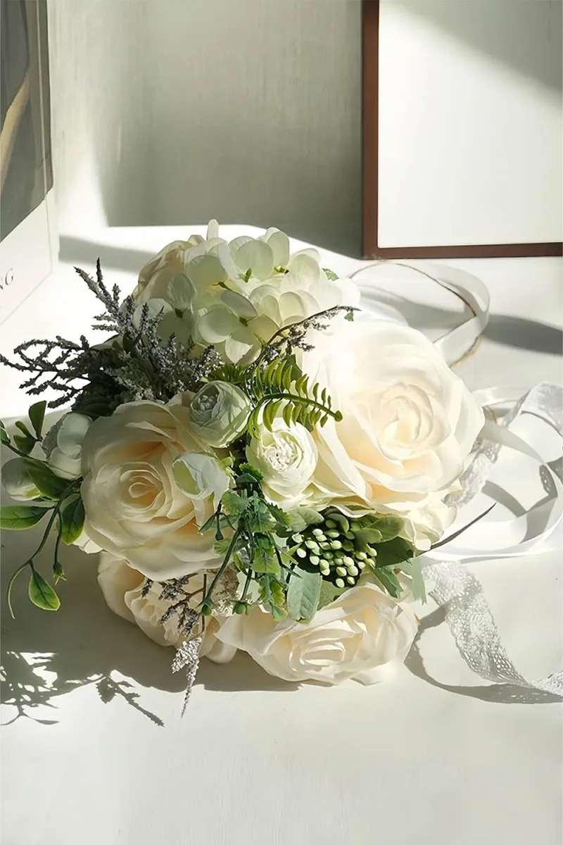Artificial White Silk Rose Peony Cascade Wedding Bouquet Flowers sold by KissProm product image thumbnail 2