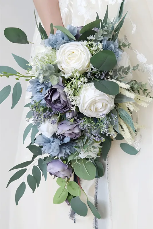 Artificial Purple Rose Cascade Wedding Flower Bouquets with Ribborn made by KissProm