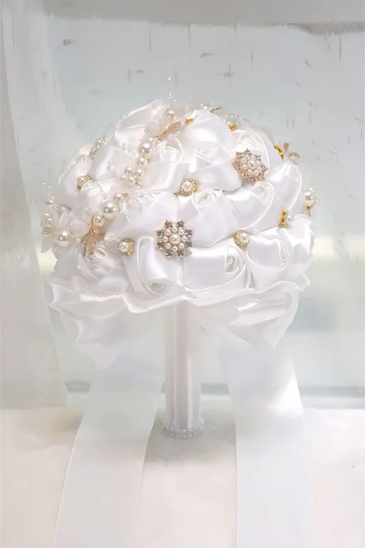 Satin Pearl Ribbon Cascade Wedding Flower Bouquets made by KissProm