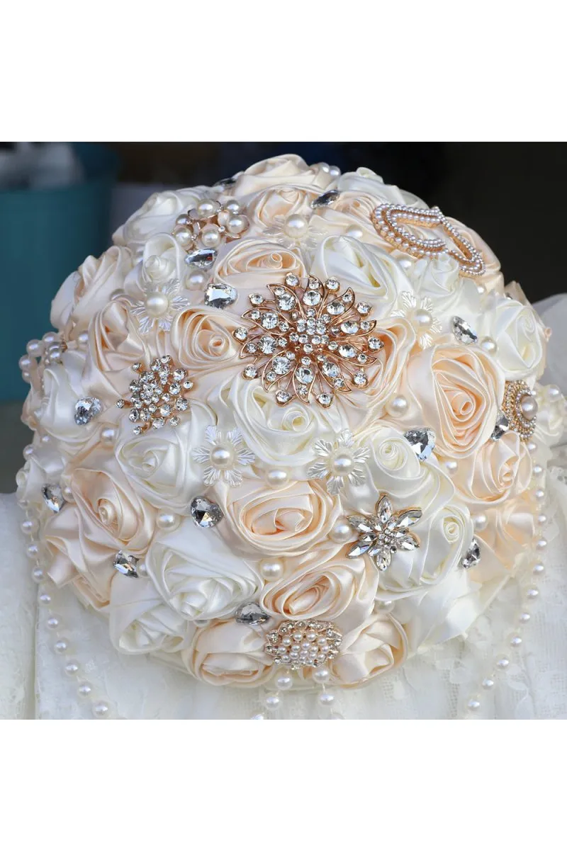 Satin Pearl String Cascade Wedding Flower Bouquets with Rhinestone sold by KissProm product image thumbnail 3
