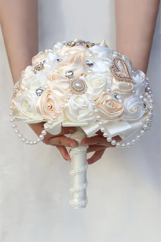 Satin Pearl String Cascade Wedding Flower Bouquets with Rhinestone made by KissProm