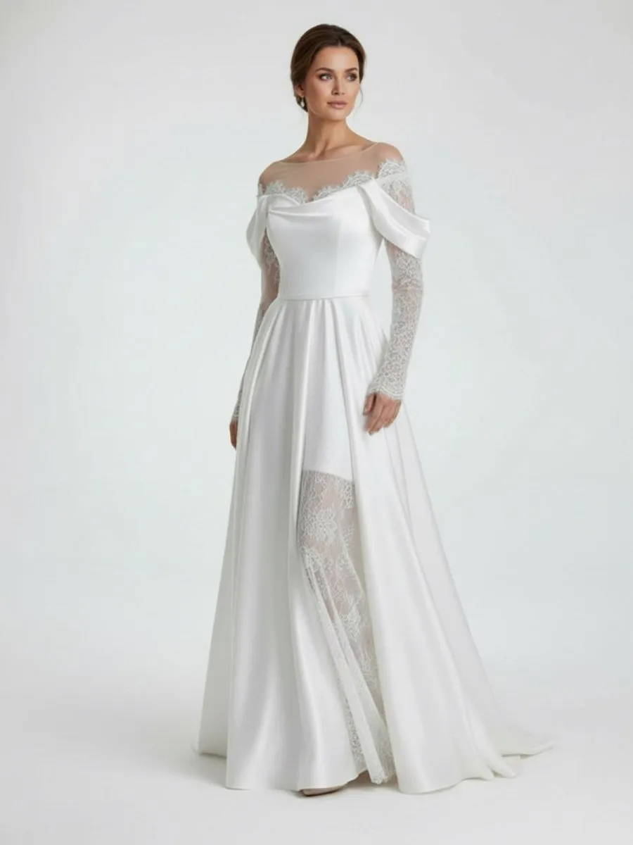 Mermaid Off-the-Shoulder Satin Lace Wedding Dress sold by KissProm
