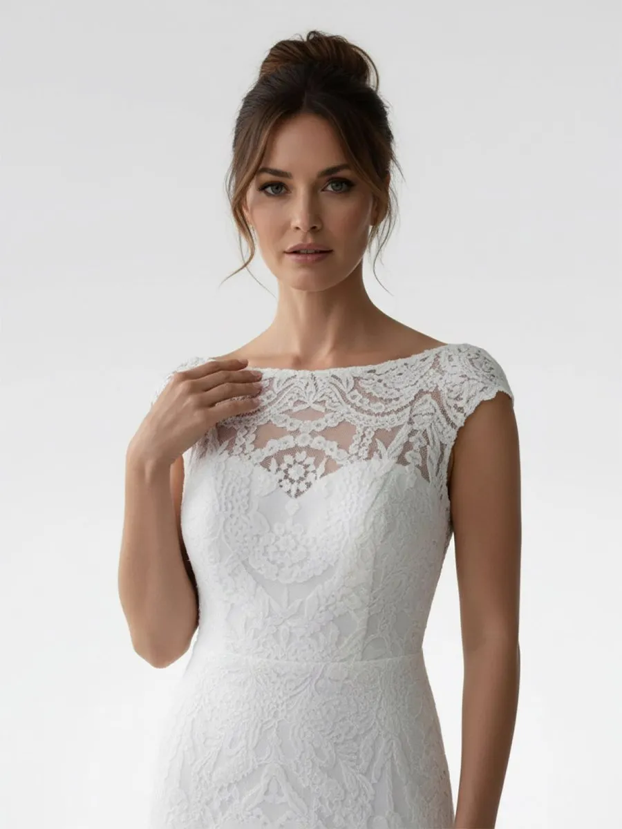 White Mermaid Cap Sleeve Lace Wedding Dress sold by KissProm product image thumbnail 5