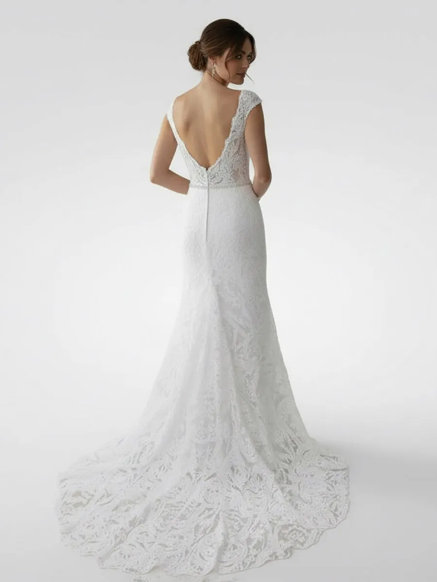 White Mermaid Cap Sleeve Lace Wedding Dress sold by KissProm product image thumbnail 2