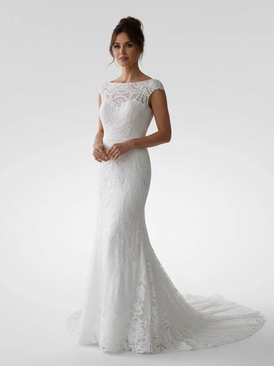 White Mermaid Cap Sleeve Lace Wedding Dress sold by KissProm product image thumbnail 3