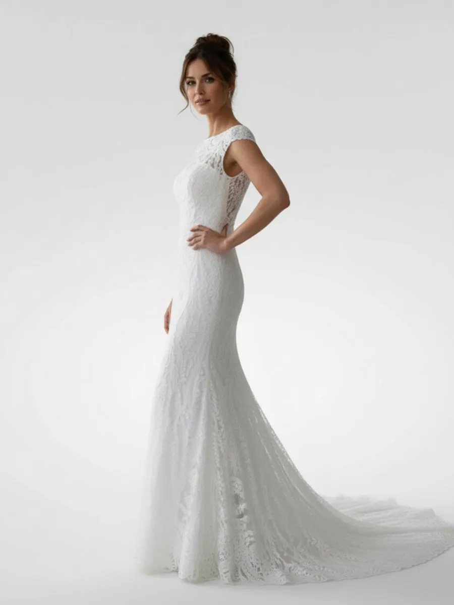 White Mermaid Cap Sleeve Lace Wedding Dress sold by KissProm product image thumbnail 4