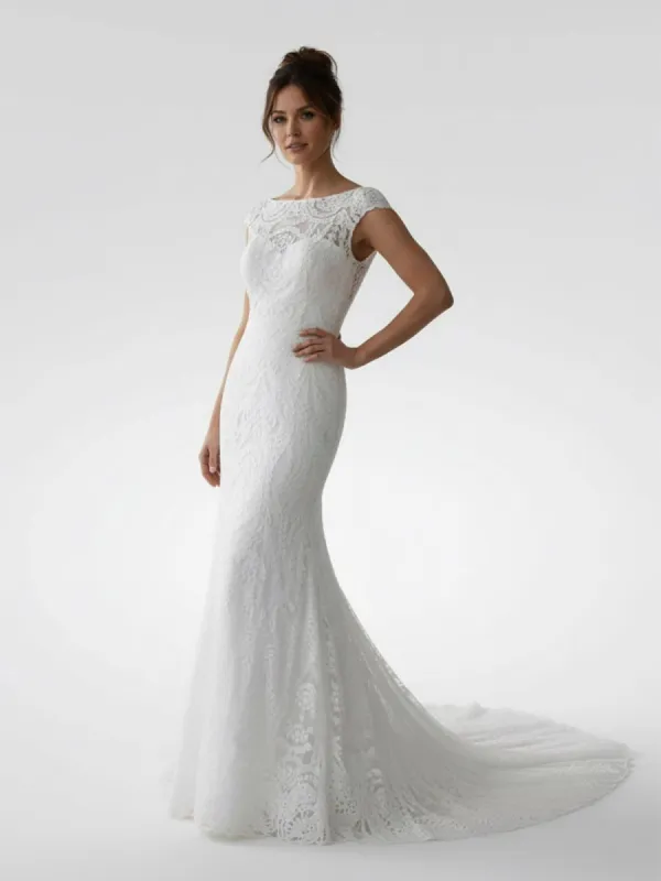 White Mermaid Cap Sleeve Lace Wedding Dress made by KissProm