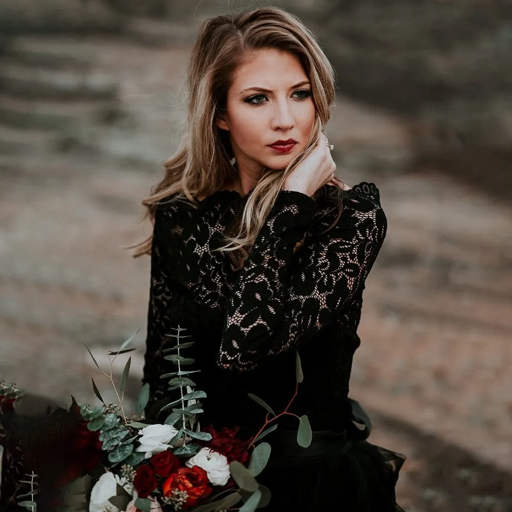 A-Line Black Lace Appliqued Wedding Dress With Train sold by KissProm product image thumbnail 3