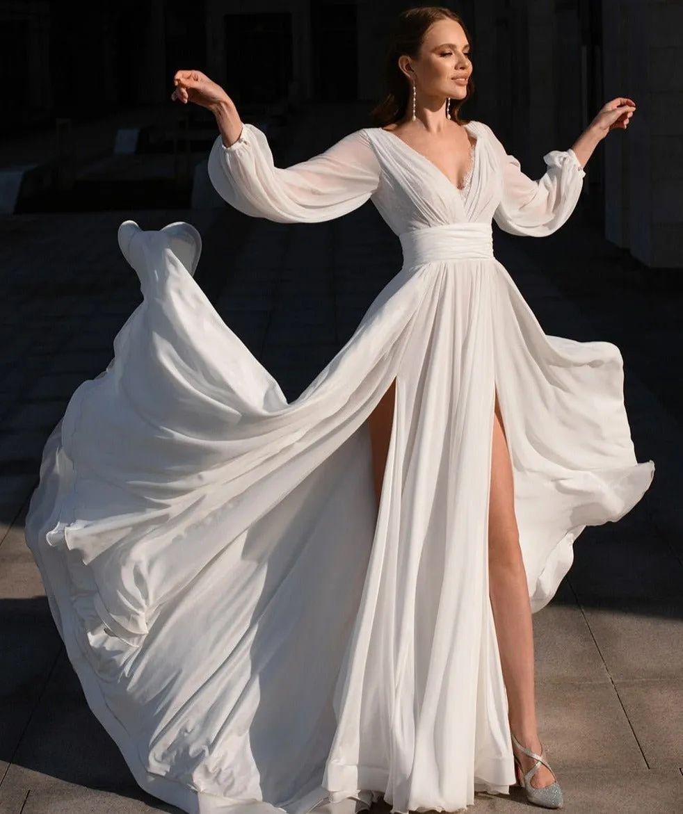 Boho A-Line White V Neck Long Sleeve Wedding Dress sold by KissProm product image thumbnail 3