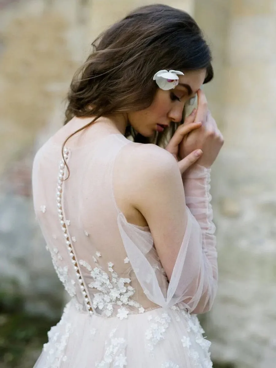 Off-The-Shoulder Tulle Illusion Sleeve Wedding Dress With Appliques sold by KissProm product image thumbnail 4