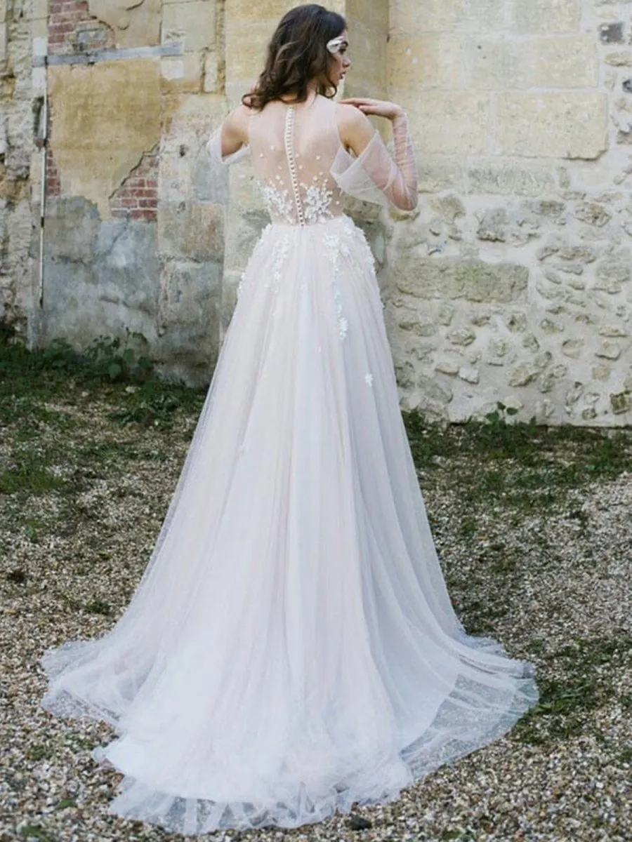 Off-The-Shoulder Tulle Illusion Sleeve Wedding Dress With Appliques sold by KissProm product image thumbnail 2
