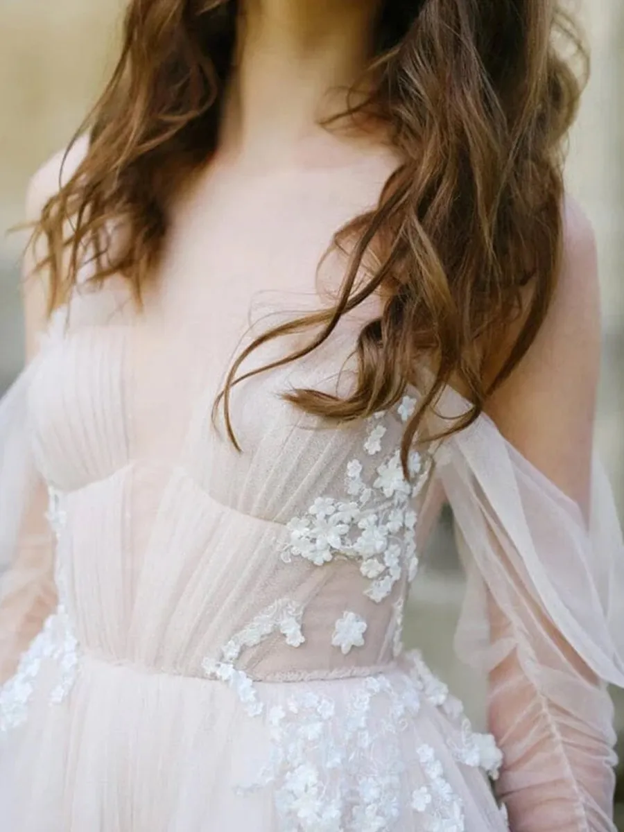 Off-The-Shoulder Tulle Illusion Sleeve Wedding Dress With Appliques sold by KissProm product image thumbnail 5