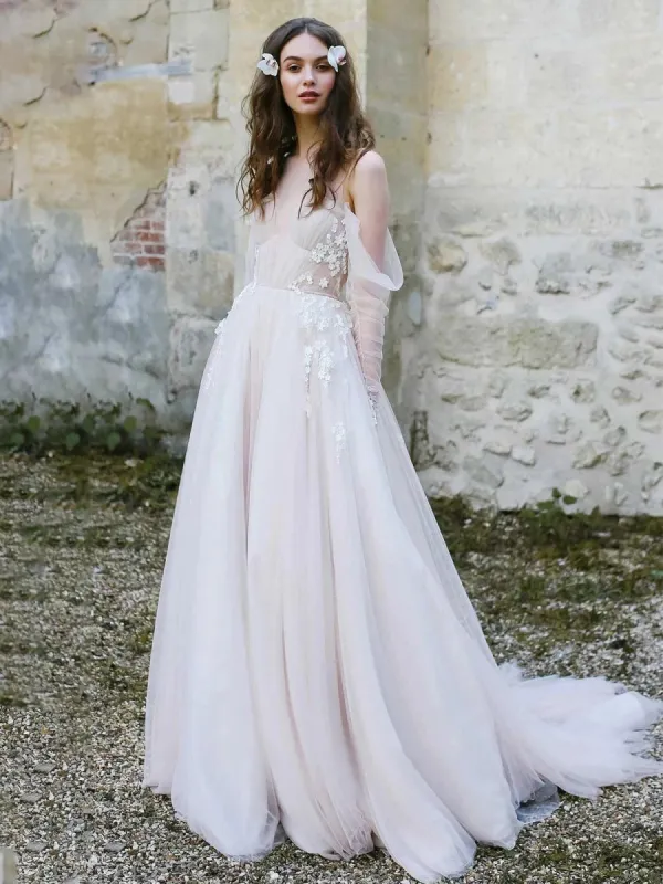 Off-The-Shoulder Tulle Illusion Sleeve Wedding Dress With Appliques made by KissProm