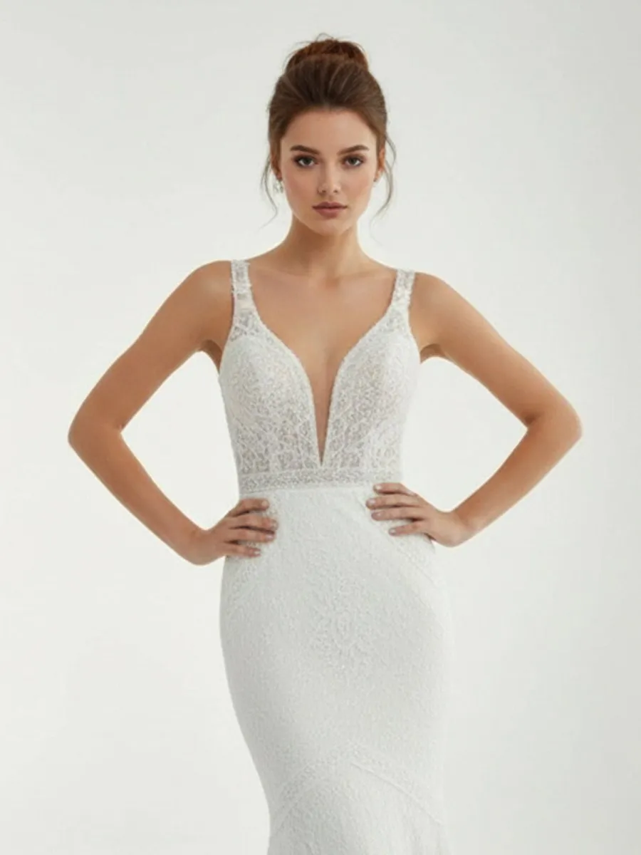 Mermaid White V Neck Illusion Wedding Dress sold by KissProm product image thumbnail 4