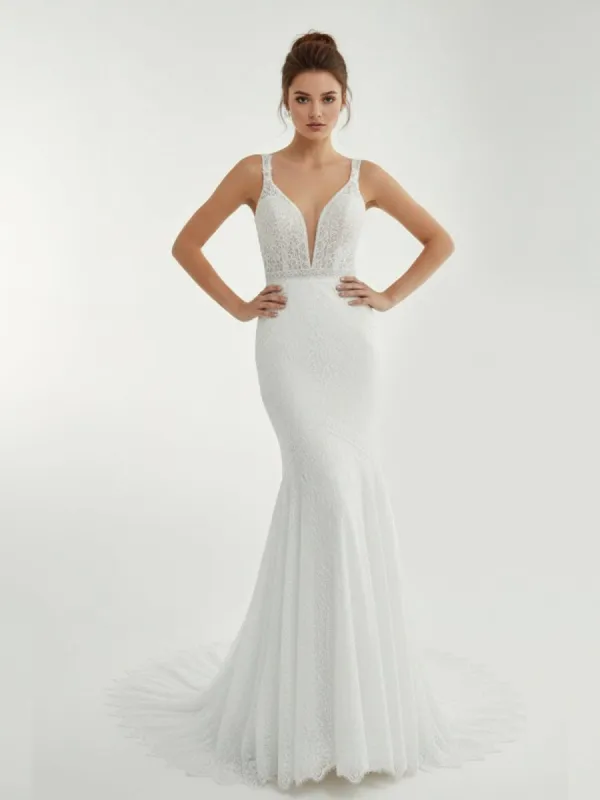 Mermaid White V Neck Illusion Wedding Dress made by KissProm