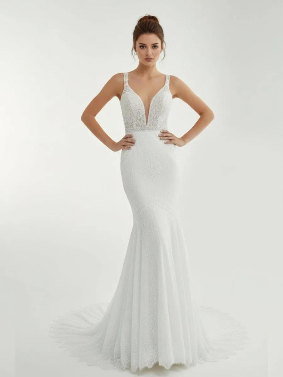 Mermaid White V Neck Illusion Wedding Dress sold by KissProm