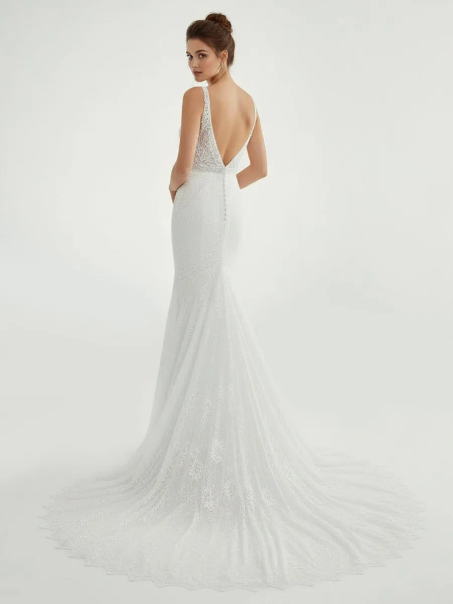 Mermaid White V Neck Illusion Wedding Dress sold by KissProm product image thumbnail 2