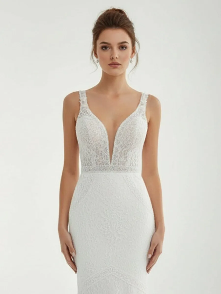 Mermaid White V Neck Illusion Wedding Dress sold by KissProm product image thumbnail 3