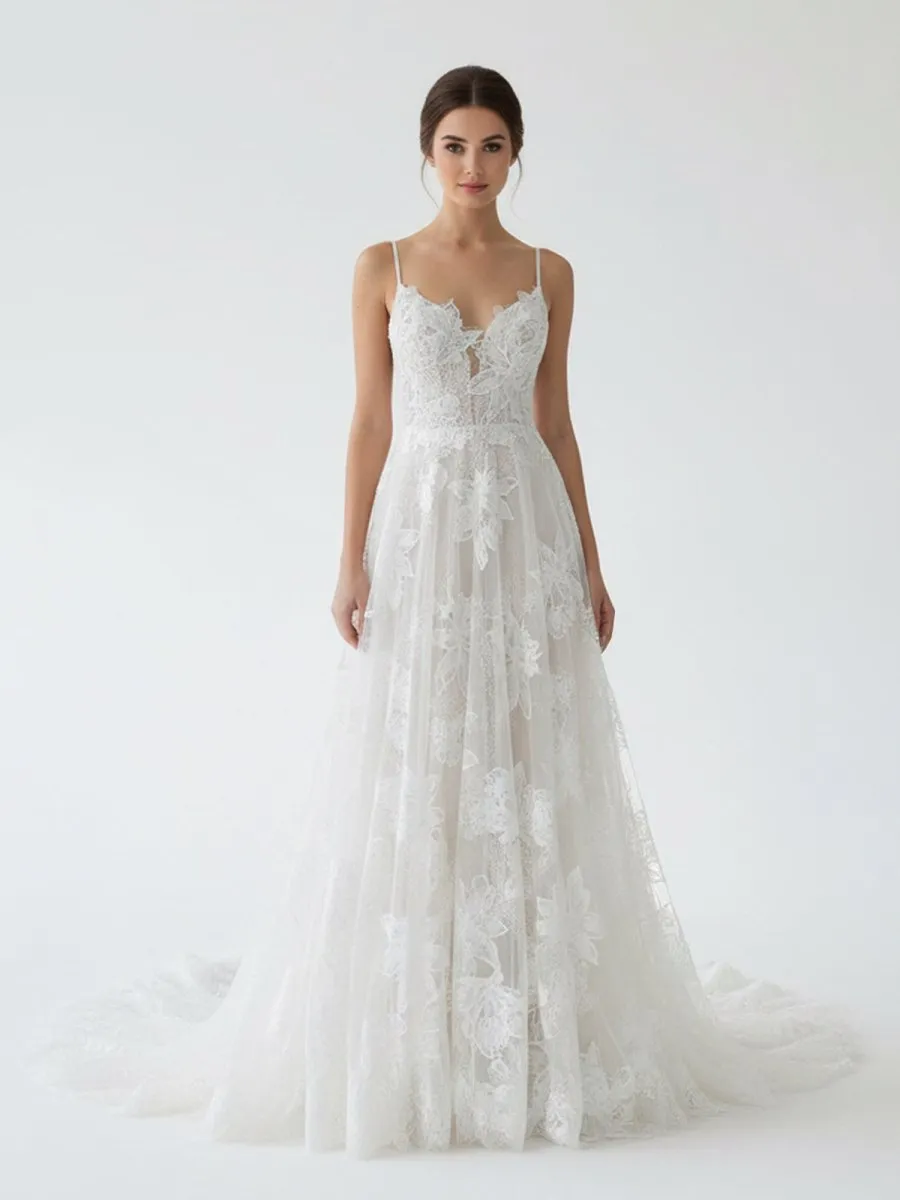 Boho White A-Line Lace Appliques Wedding Dress sold by KissProm