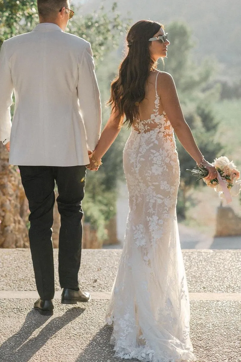 Mermaid V Neck Tulle Lace Sleeveless Ivory Wedding Dresses sold by KissProm product image thumbnail 2