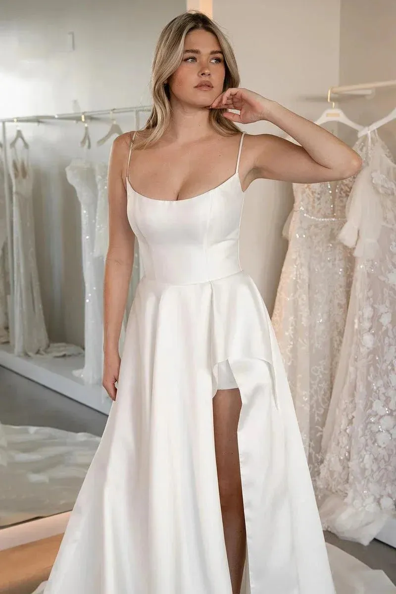 Simple A-Line Scoop Neck Satin Wedding Dresses with Slit sold by KissProm product image thumbnail 2