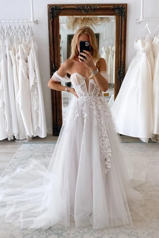 A-Line Sweetheart Tulle Appliques Wedding Dresses made by KissProm