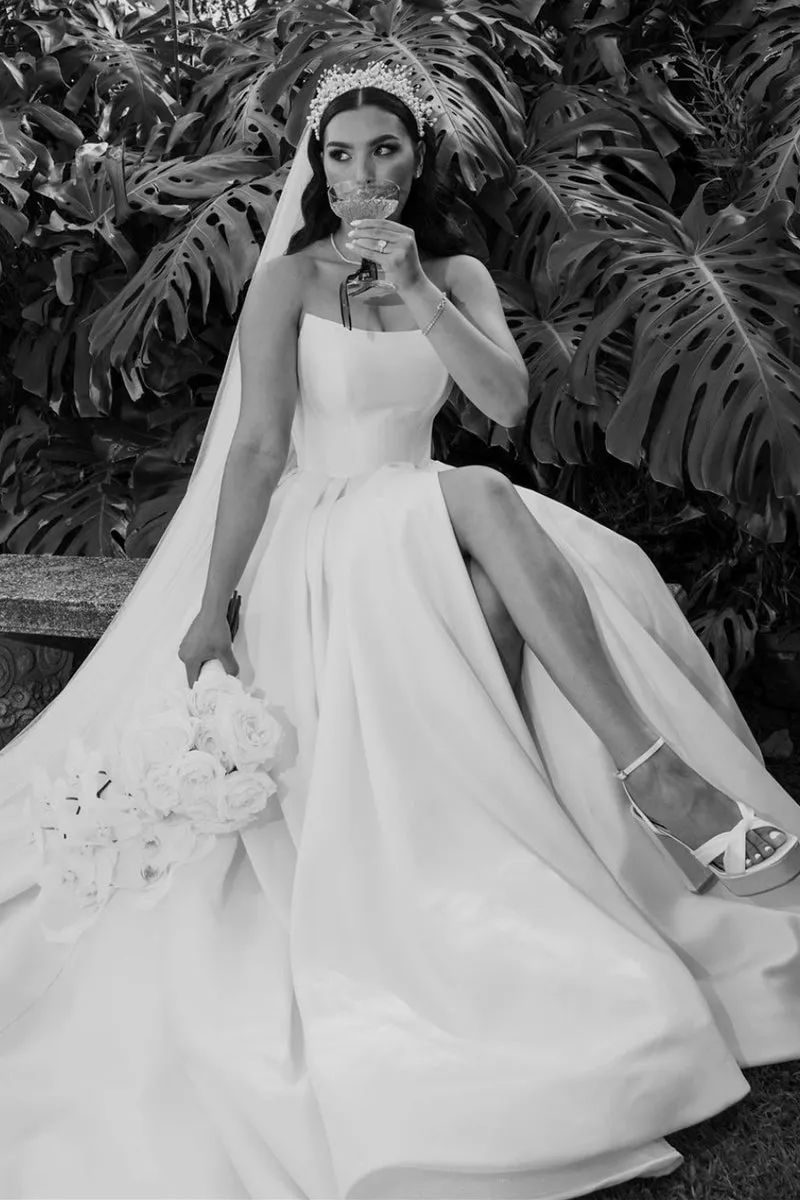 Elegant A-Line Strapless Satin Wedding Dress with Slit sold by KissProm product image thumbnail 4