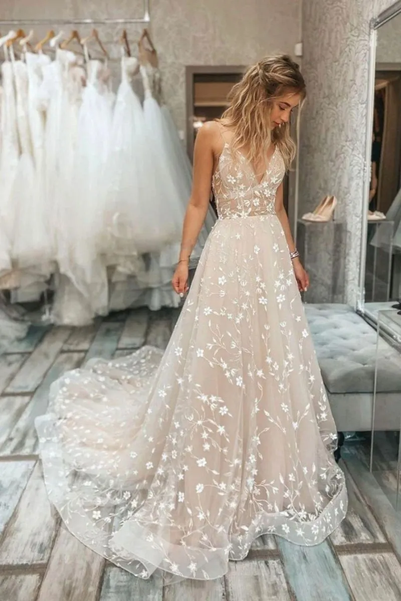 Beautiful A Line Spaghetti Straps Light Champagne Wedding Dress sold by KissProm product image thumbnail 2