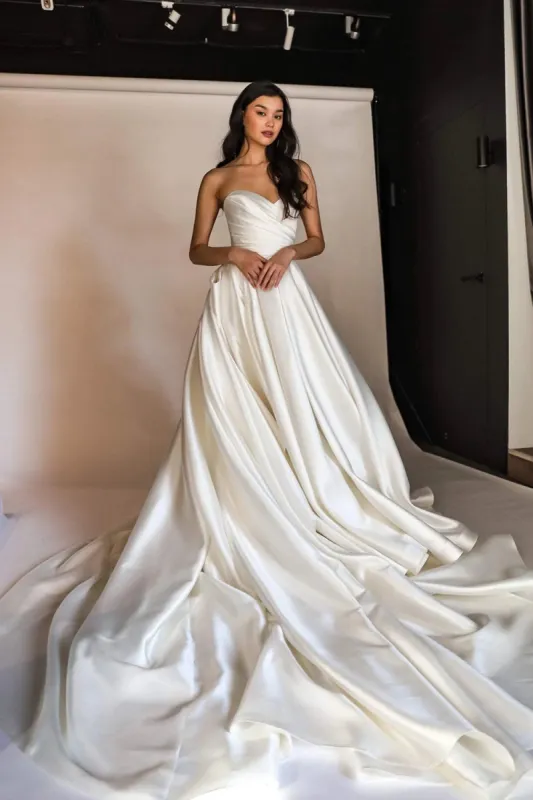 Elegant A Line Sweetheart White Long Bridal Dress with Sweep Train made by KissProm