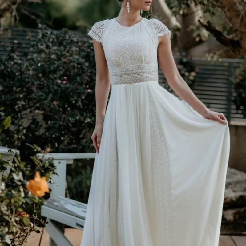 A-Line Exquisite Lace Appliqued Cap Sleeves Wedding Dress made by KissProm