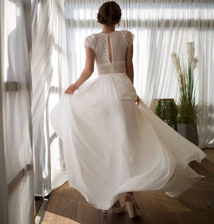 A-Line Exquisite Lace Appliqued Cap Sleeves Wedding Dress sold by KissProm product image thumbnail 2