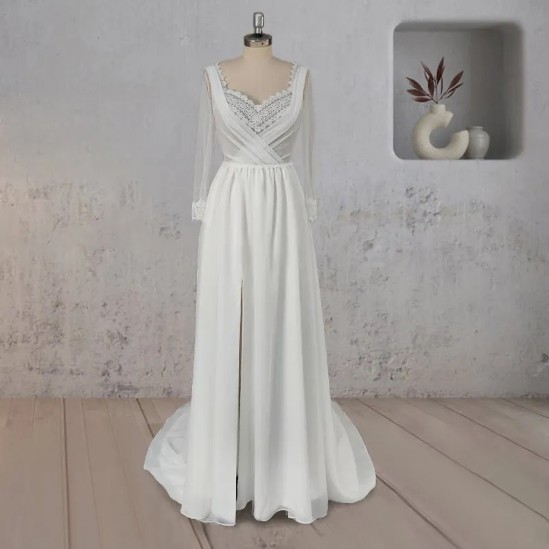 Mermaid Chiffon Long Sleeves Wedding Dress with Slit made by KissProm