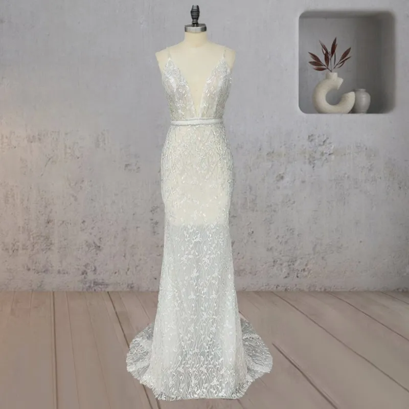 Mermaid Lace Deep V Wedding Dress with Appliques made by KissProm