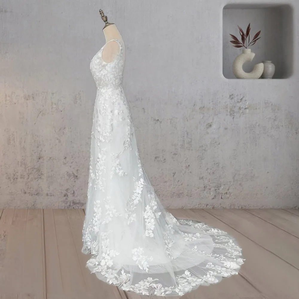 Mermaid Lace Illusion V Neck Sleeveless Backless Wedding Dress sold by KissProm product image thumbnail 3