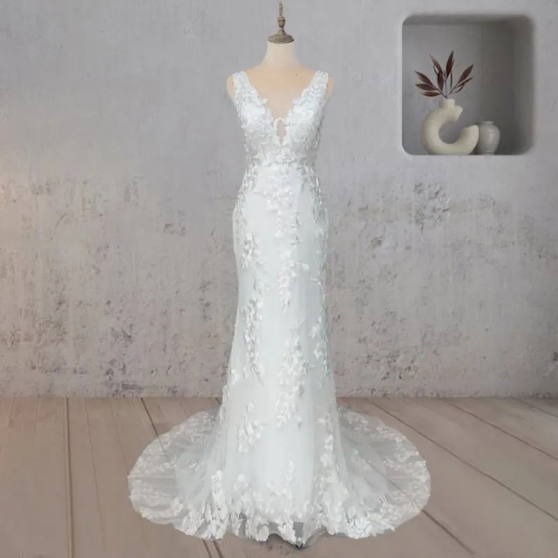 Mermaid Lace Illusion V Neck Sleeveless Backless Wedding Dress made by KissProm