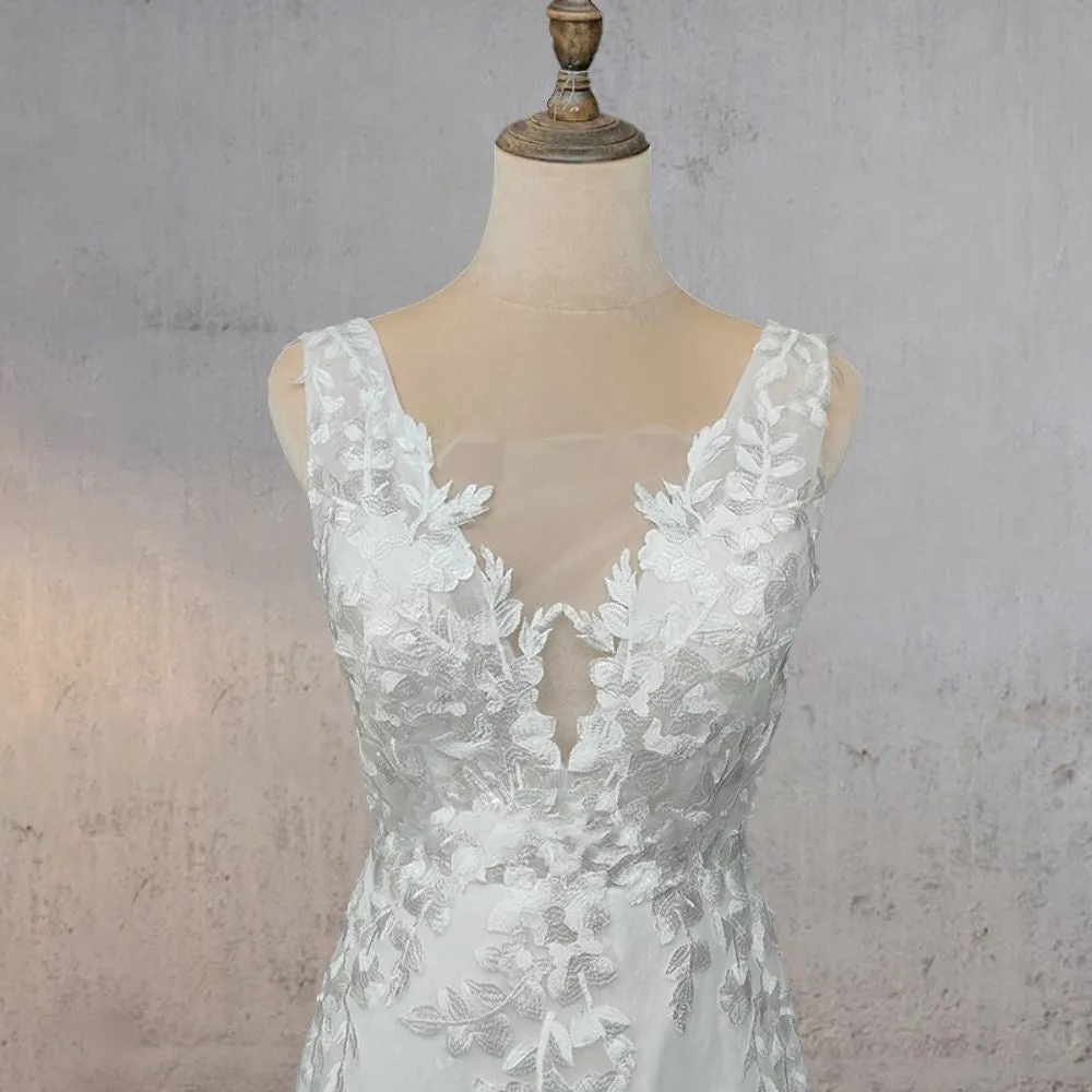 Mermaid Lace Illusion V Neck Sleeveless Backless Wedding Dress sold by KissProm product image thumbnail 5