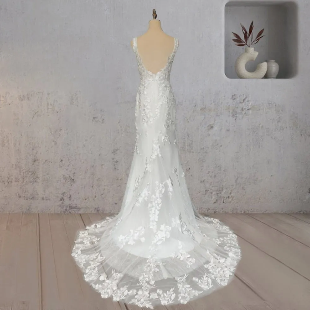 Mermaid Lace Illusion V Neck Sleeveless Backless Wedding Dress sold by KissProm product image thumbnail 2