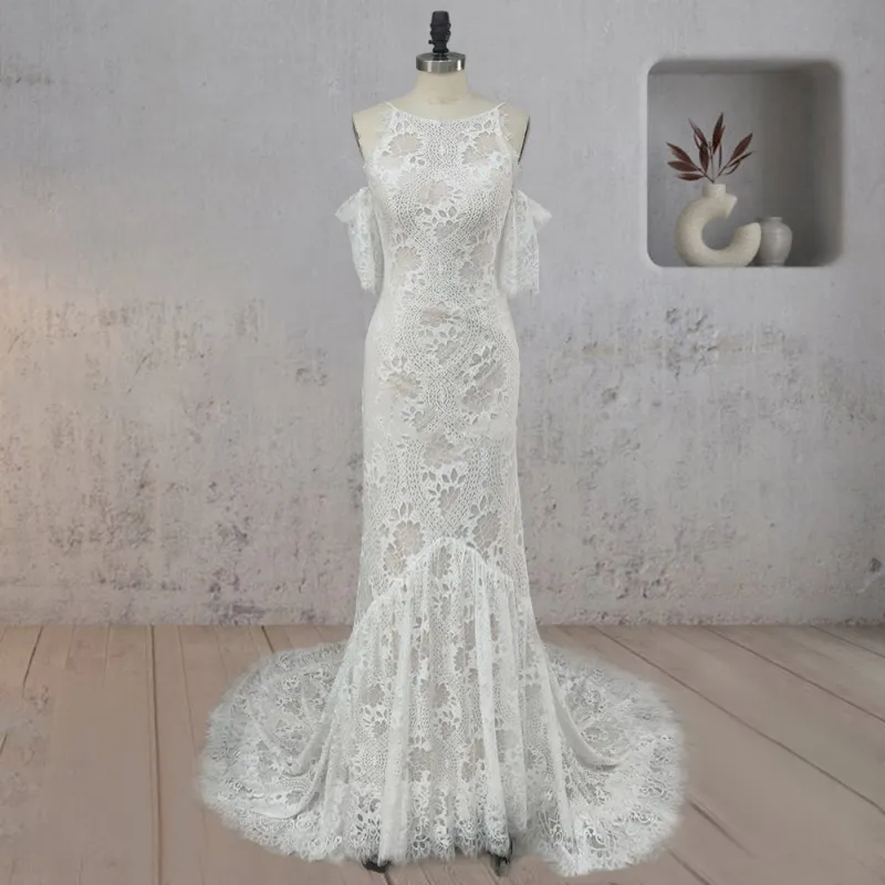 Mermaid White Halter Neck Lace Wedding Dress made by KissProm
