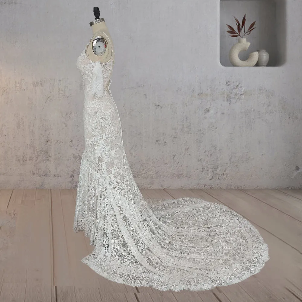 Mermaid White Halter Neck Lace Wedding Dress sold by KissProm product image thumbnail 3