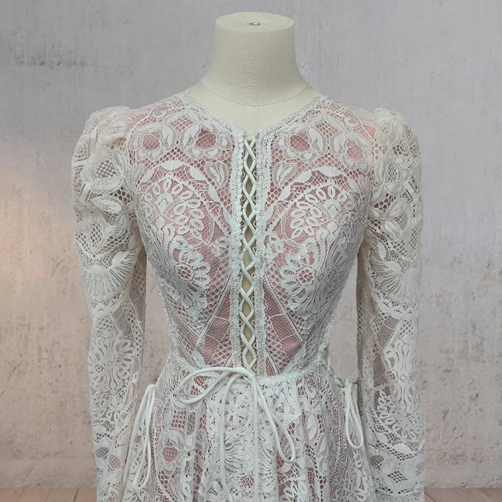 Ruched Bohemian Lace Round Neck Wedding Dress sold by KissProm product image thumbnail 4