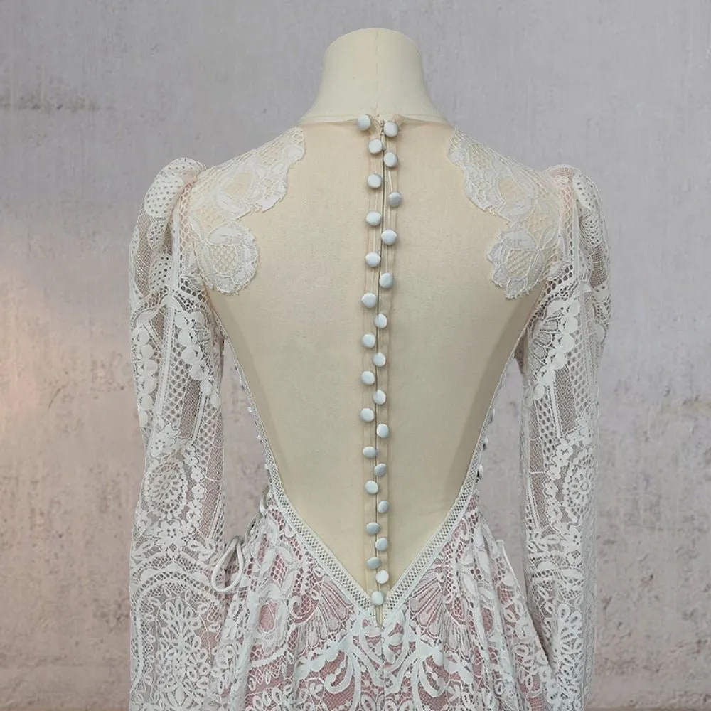 Ruched Bohemian Lace Round Neck Wedding Dress sold by KissProm product image thumbnail 5